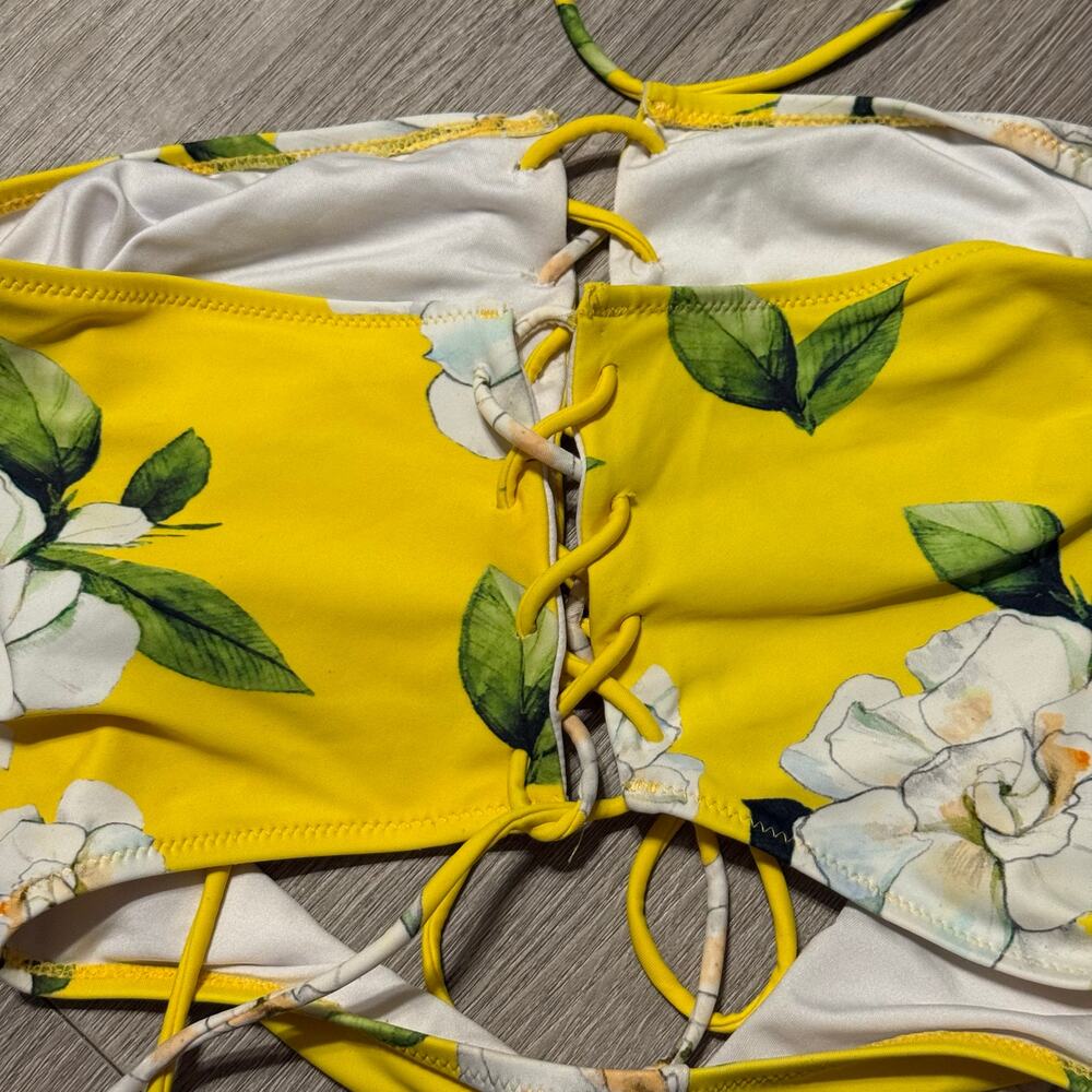 Cupshe Floral High Waist Lace-Up Bikini Set Yellow White Flowers Size M - Picture 4 of 10